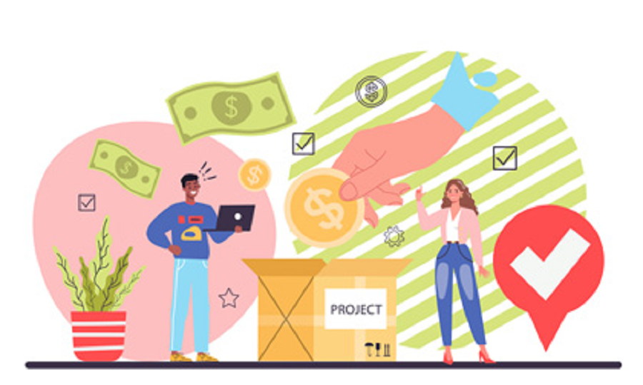 Grafika rysunkowa przedstawiająca mężczyznę z laptopem i kobietę z palcem uniesionym ku górze. Nad nimi rysunki dolarów i innych pieniędzy.