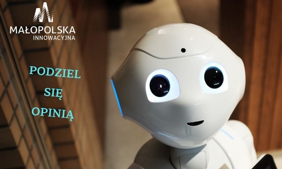 robot z hasłem i logo Małopolska Innowacyjna