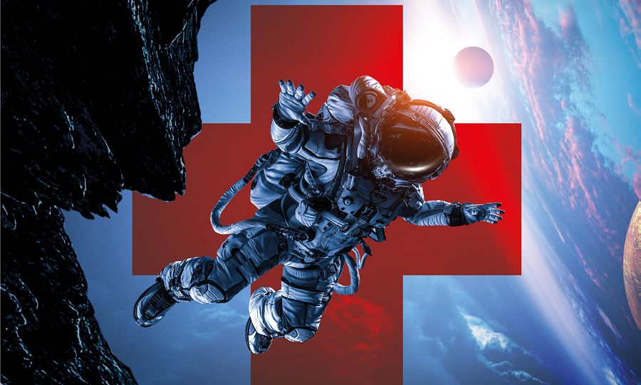 kosmonauta na tle czerwonego krzyża, za krzyżem ziemia widziana z kosmosu