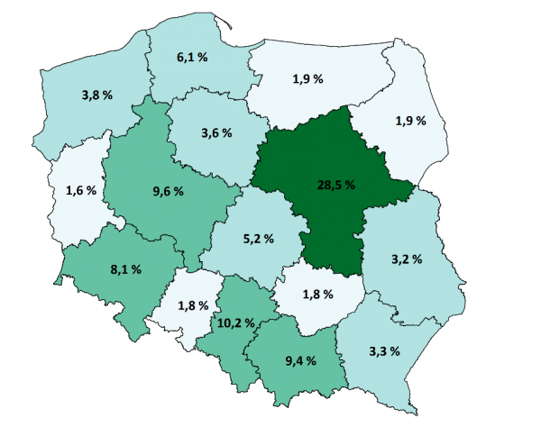 Grafika przedstawia mapę Polski ze wskazaniem % osób zatrudnionych w przemysłach kreatywnych